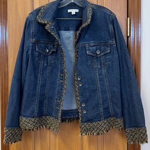 Women’s Coldwater Creek Boho Denim Blue Jean Jacket with Brown Tweed Trim siz 16